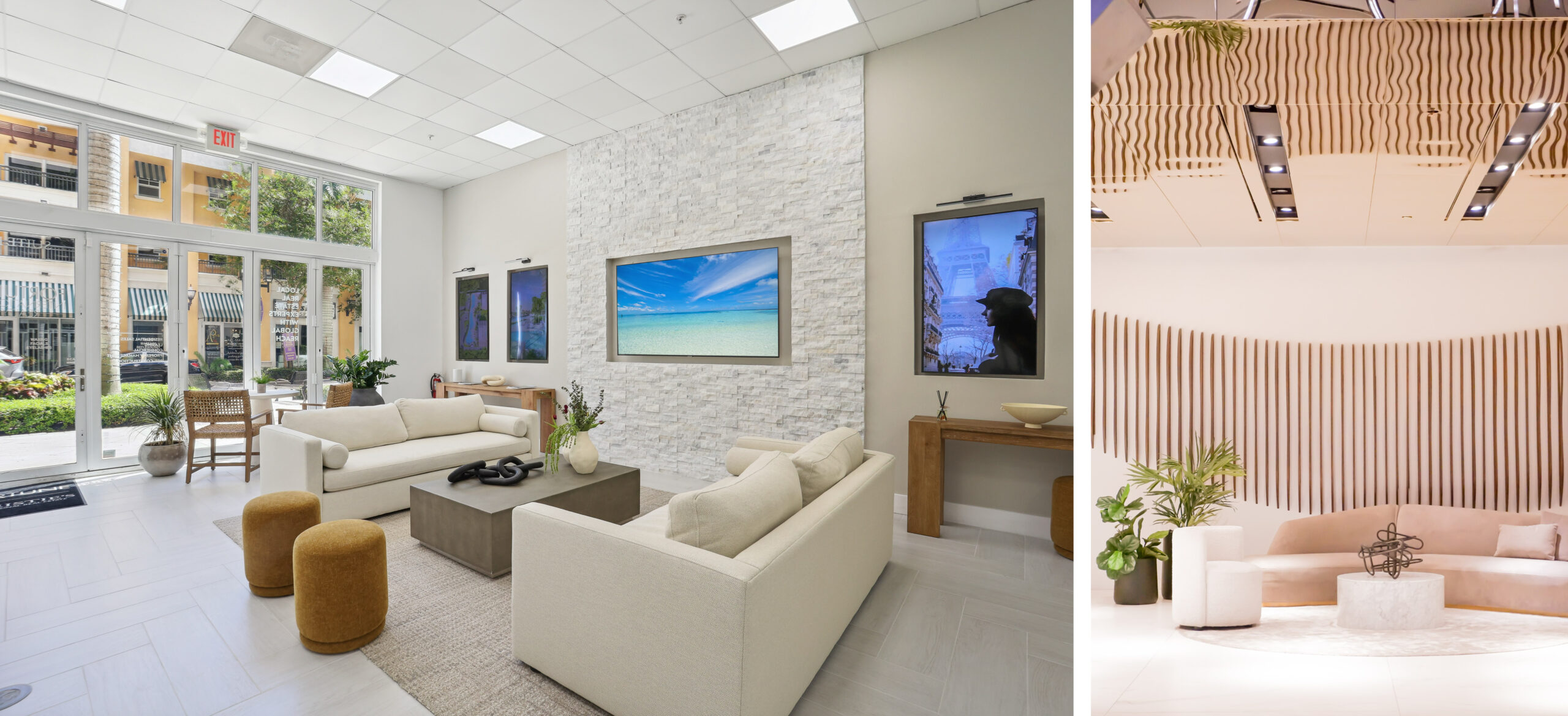 Sample work from Casa Collective Miami. Left: Fortune Christie's International Real Estate office in Boca Raton. Right: X